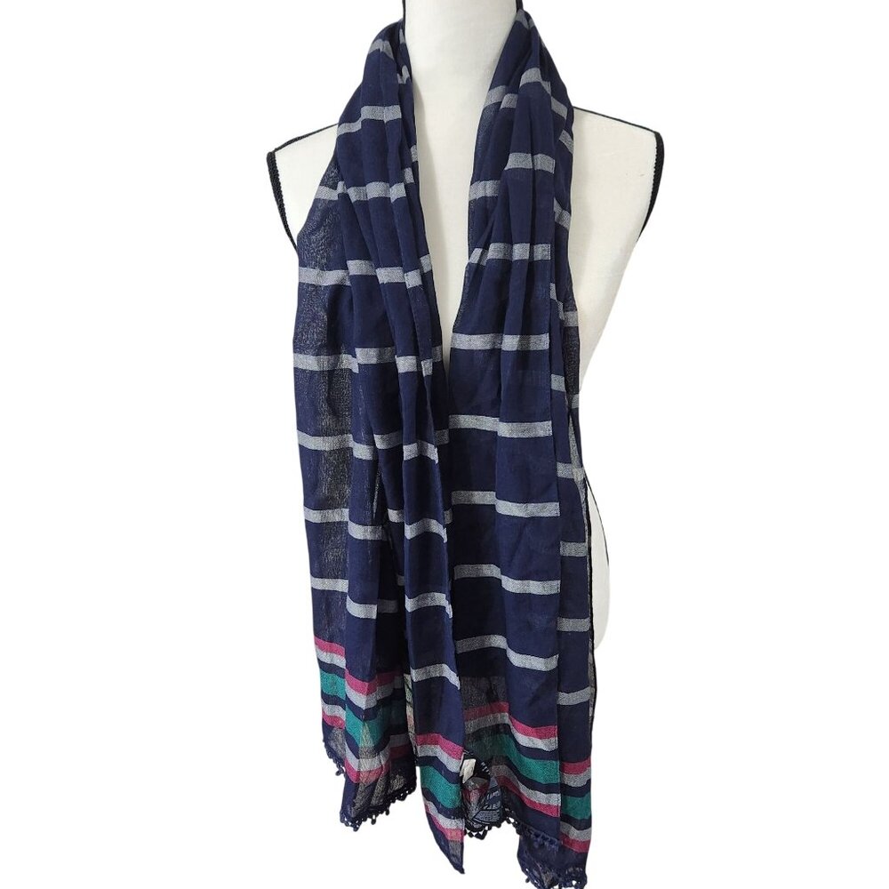 Tommy Hilfiger Navy Blue Striped Lightweight Scarf With Pom Pom Trim